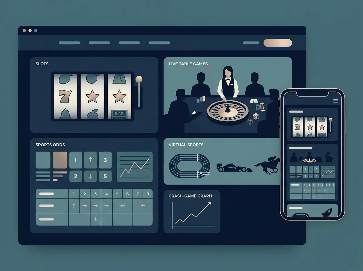 Editorial illustration of a casino game lobby with slots tables sports and crash-game areas