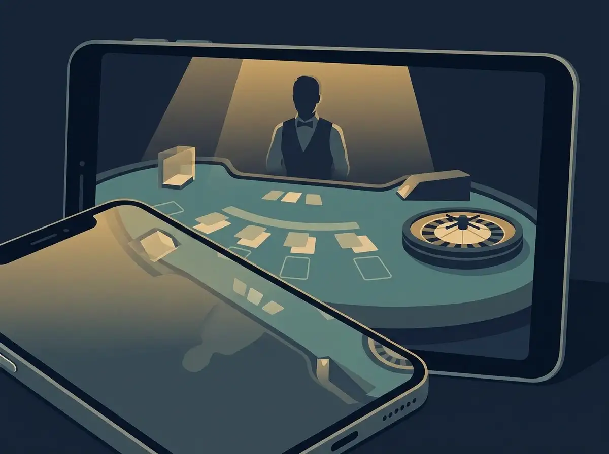 Editorial illustration of a live casino table viewed on a phone and tablet