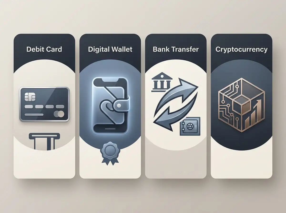 Editorial illustration of payment categories including card, wallet, bank transfer and crypto symbols