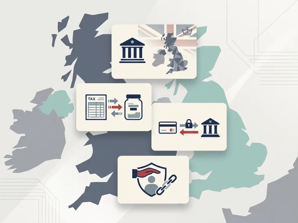 Editorial illustration of UK legal, tax and payment-rule cards for an online casino review