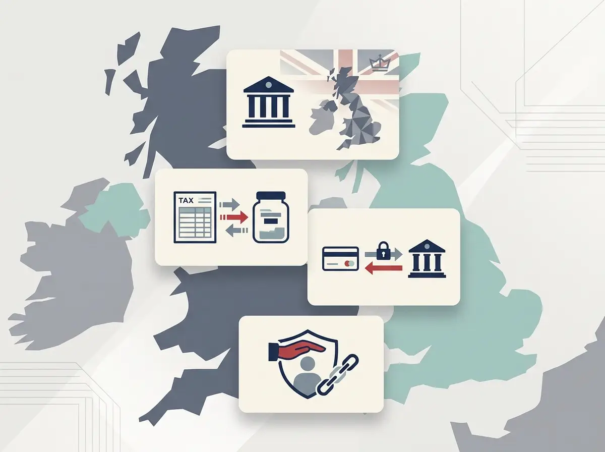 Editorial illustration of UK legal, tax and payment-rule cards for an online casino review